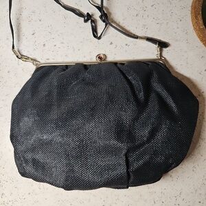 Vintage Italian Structured Frame Purse – Black Woven Fabric & Silvertone Hardwar